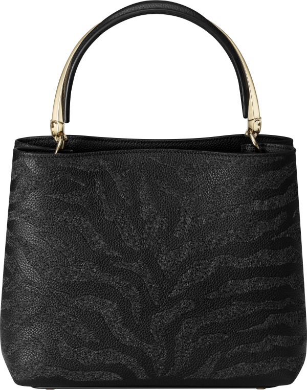 パンテール ドゥーブル スモール バッグ  ウール エンブロイダリー、パンテール モチーフ、ブラック グレインド カーフレザー、ゴールドフィニッシュ