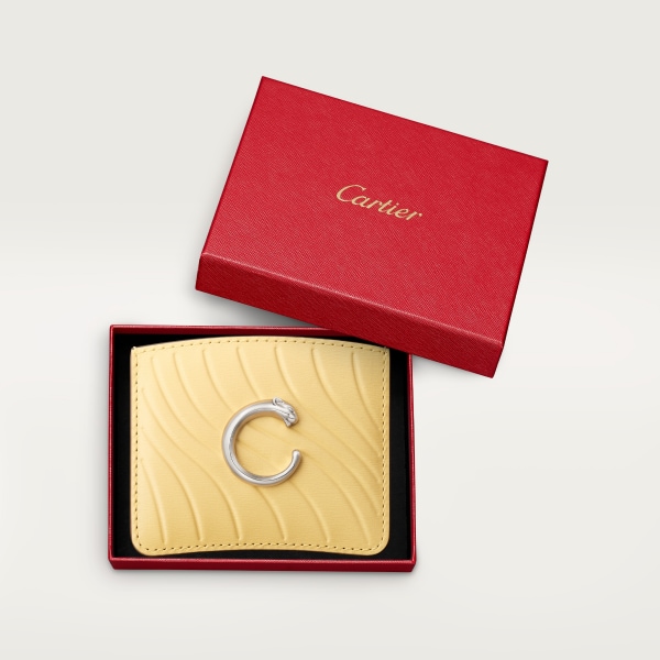 パンテール ドゥ カルティエ シンプル カードホルダー ミモザイエロー カーフスキン、「Cartier」ロゴの箔押し、パラジウムフィニッシュ