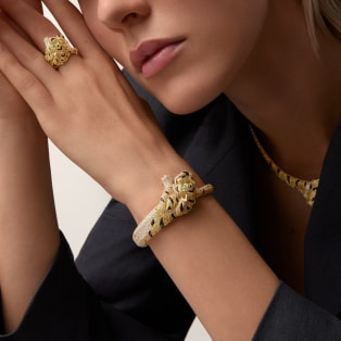 ファウナ＆フローラ ドゥ カルティエ ブレスレット、イエローダイヤモンド、オレンジダイヤモンド、ブラウンダイヤモンド、パヴェ  イエローゴールド、オニキス、エメラルド、イエローダイヤモンド、オレンジダイヤモンド、ブラウンダイヤモンド、ダイヤモンド