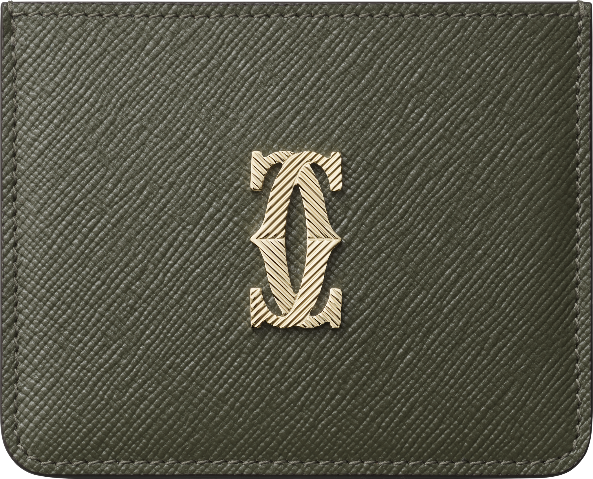 シンプルカードホルダー、C ドゥ カルティエグリーンティー デボス加工カーフスキン、ゴドロンモチーフ、ゴールドフィニッシュ ゴドロンモチーフ