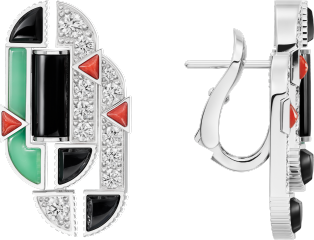 ジオメトリー＆コントラスト イヤリング、クリソプレーズ、パヴェ ホワイトゴールド、クリソプレーズ、オニキス、コーラル、ダイヤモンド