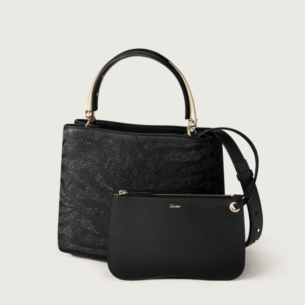 パンテール ドゥーブル スモール バッグ  ウール エンブロイダリー、パンテール モチーフ、ブラック グレインド カーフレザー、ゴールドフィニッシュ