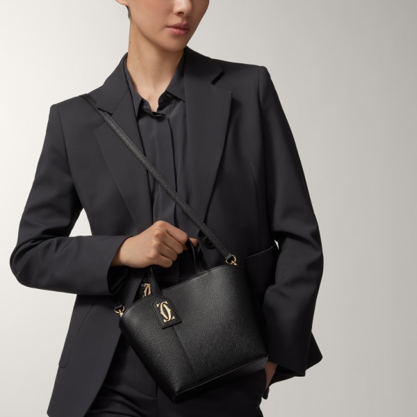 ミニ トートバッグ C ドゥ カルティエ  ブラック テクスチャー カーフスキン、刺繡入り、ゴールドフィニッシュ