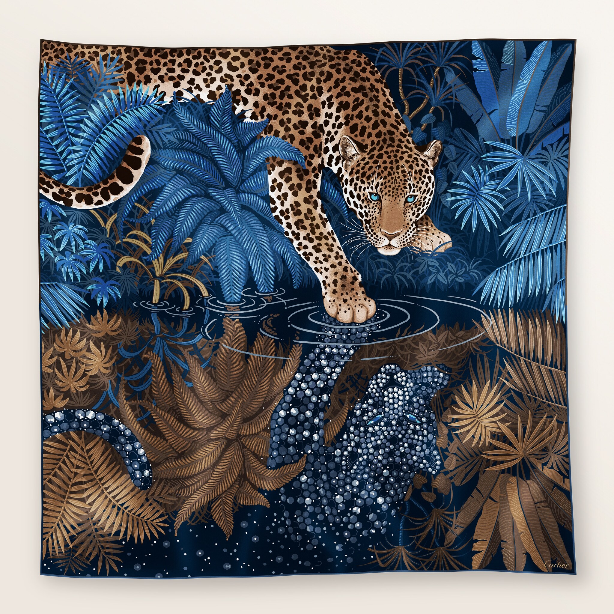 リフレクテッド パンテール ダブルサイド スカーフ 90グリーン＆コスモスカラー シルクツイル