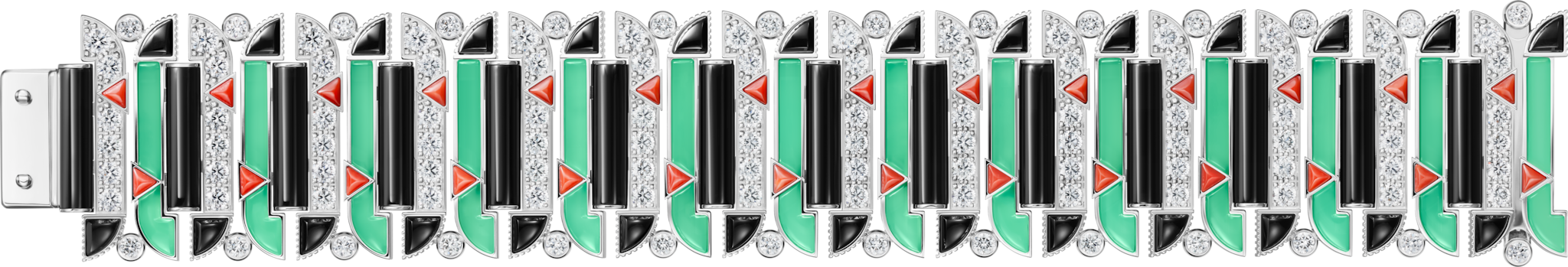 ジオメトリー＆コントラスト ブレスレット、クリソプレーズ、パヴェホワイトゴールド、クリソプレーズ、オニキス、コーラル、ダイヤモンド