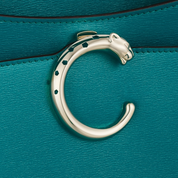 スモールモデル ハンドルバッグ、パンテール ドゥ カルティエ ペトロールブルー カーフスキン、ゴールドフィニッシュ
