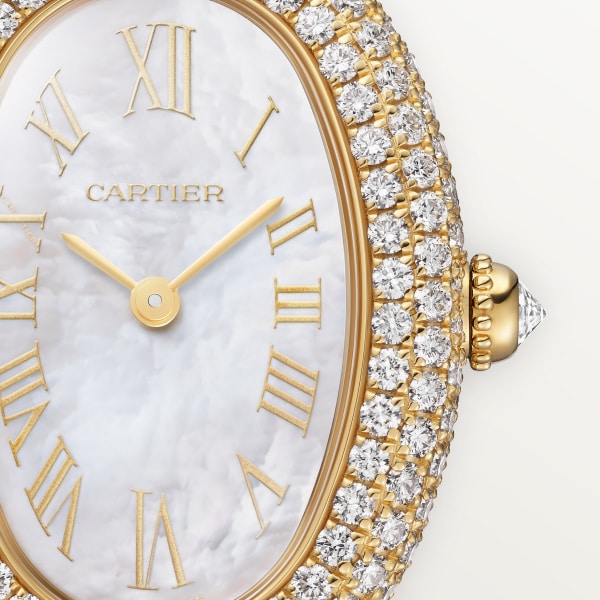 ベニュワール ウォッチ スモールモデル、クォーツムーブメント、イエローゴールド、マザーオブパール、ダイヤモンド、レザー