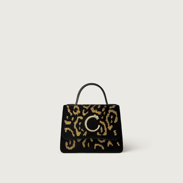 マイクロ バッグ パンテール C  レオパードモチーフのタフティングとビーズ、ゴールドフィニッシュ