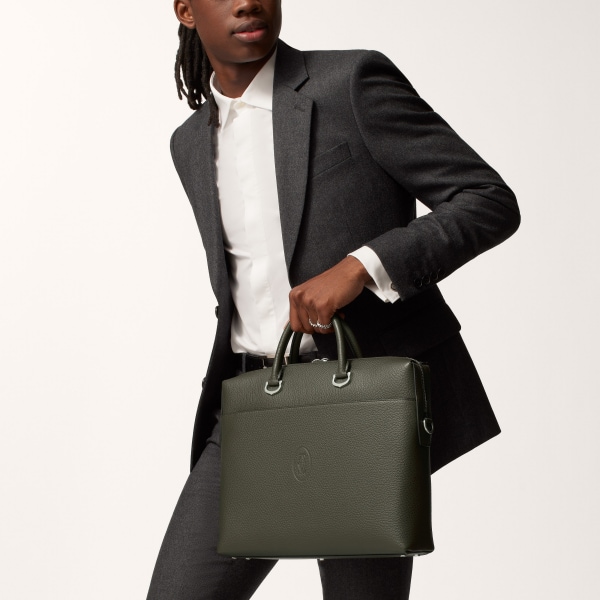 スモール ブリーフケース マスト  カーキ カーフスキン、パラジウムフィニッシュ