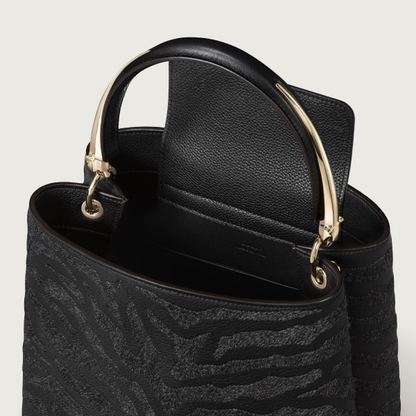 パンテール ドゥーブル スモール バッグ  ウール エンブロイダリー、パンテール モチーフ、ブラック グレインド カーフレザー、ゴールドフィニッシュ