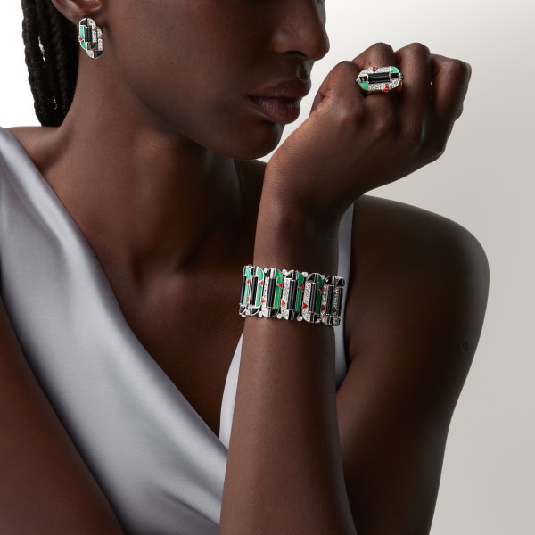 ジオメトリー＆コントラスト リング、クリソプレーズ、パヴェ ホワイトゴールド、クリソプレーズ、オニキス、コーラル、ダイヤモンド