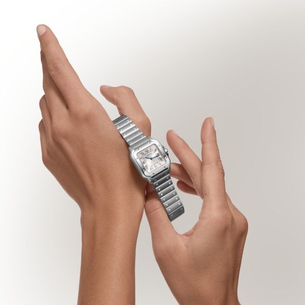 サントス ドゥ カルティエ ウォッチ スモールモデル、クォーツムーブメント、ステンレススティール、交換可能なメタルとレザーのストラップ