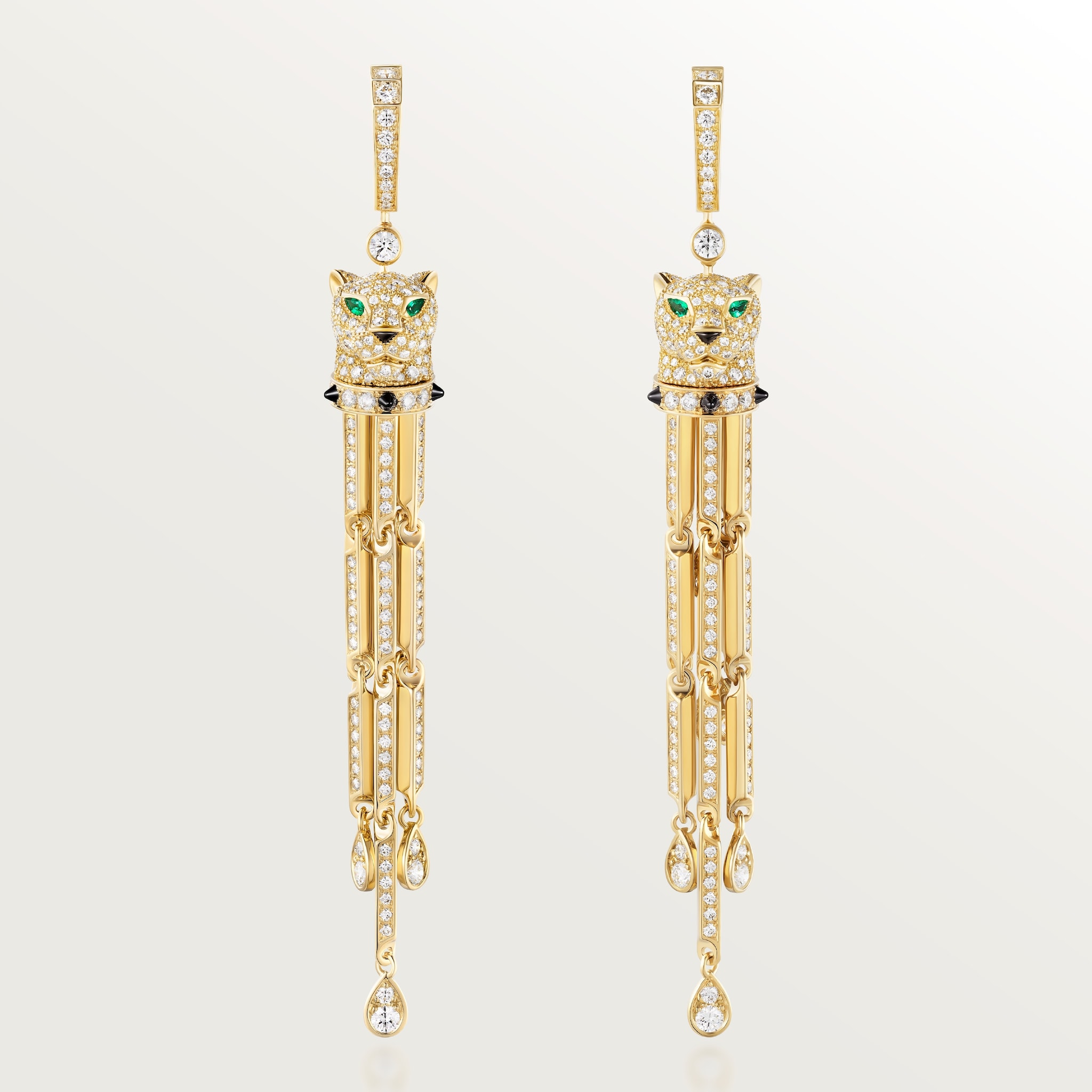 パンテール ドゥ カルティエ イヤリング、パヴェセッティングイエローゴールド、オニキス、エメラルド、ダイヤモンド