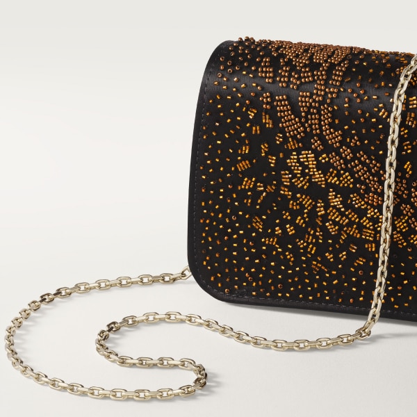 ミニ バッグ パンテール C  ブラック サテン、マルチカラーブロンズビーズ エンブロイダリー