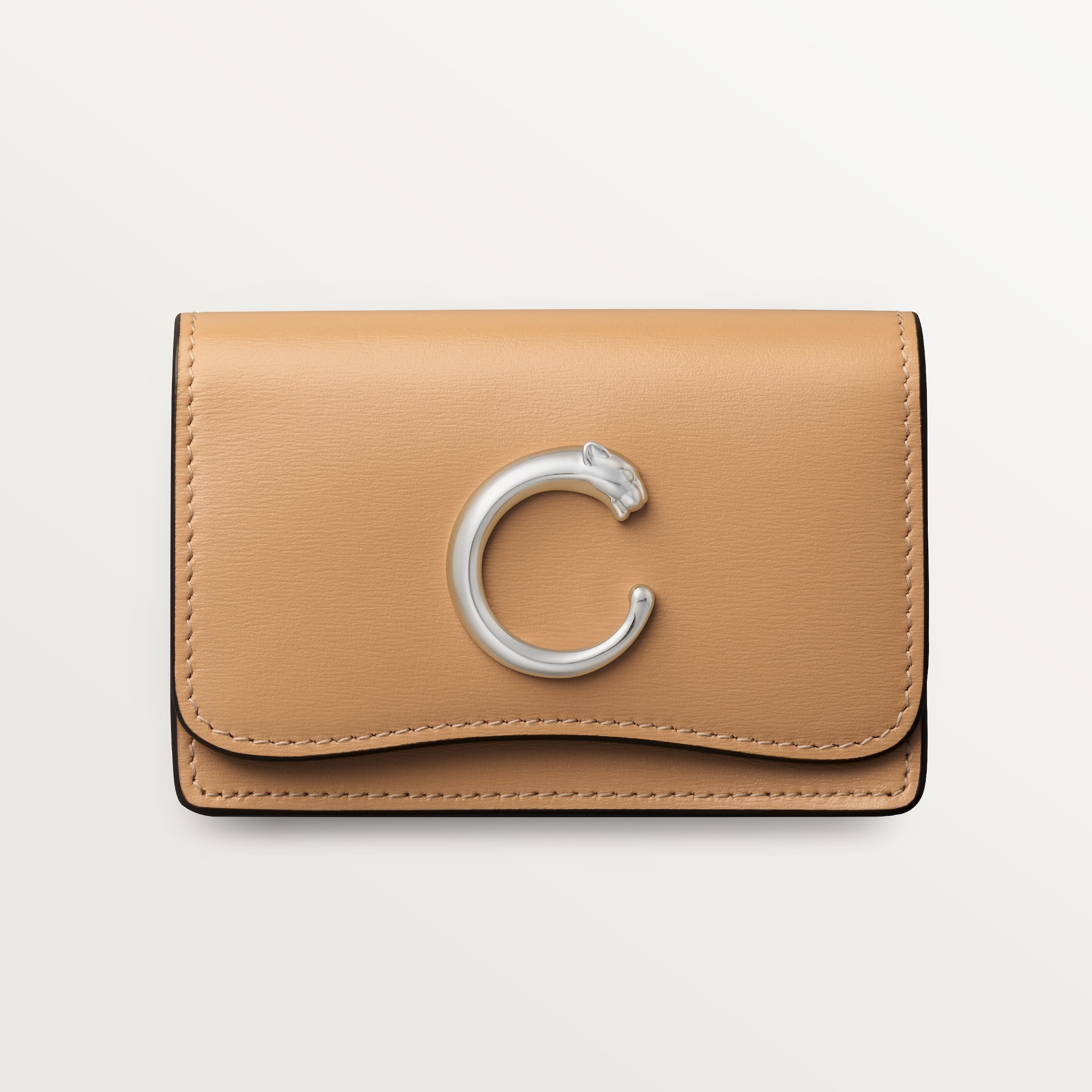 パンテール ドゥ カルティエ ジップ付ビジネスカード ホルダー キャメルベージュ カーフスキン、パラジウムフィニッシュ