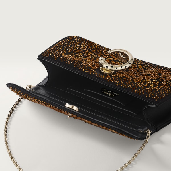 ミニ バッグ パンテール C  ブラック サテン、マルチカラーブロンズビーズ エンブロイダリー