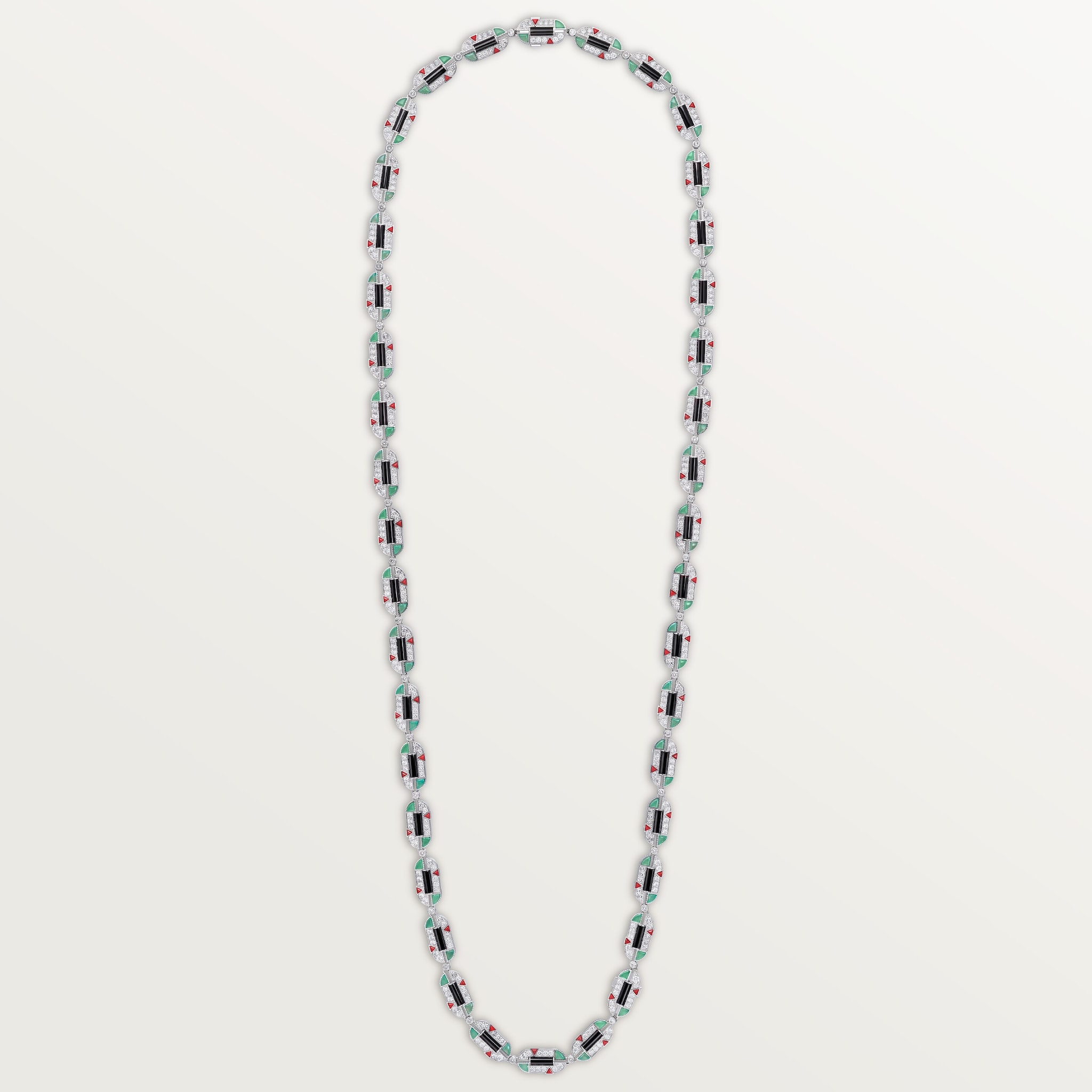 ジオメトリー＆コントラスト ネックレス、クリソプレーズ、トランスフォーマブル、パヴェホワイトゴールド、クリソプレーズ、オニキス、コーラル、ダイヤモンド