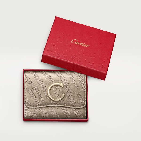 パンテール C ウォレット  パンテール エンブロイダリー、メタリック ゴールド ラムスキン、ゴールドフィニッシュ