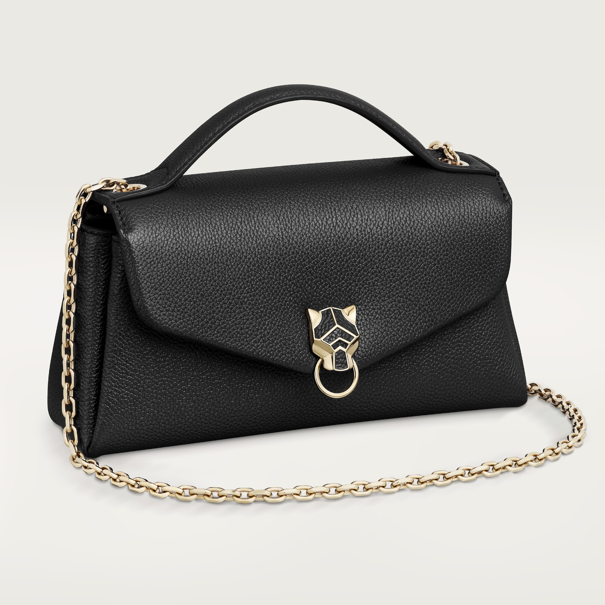 ナノ バッグ パンテール グラフィック ブラック グレイン カーフスキン、ゴールドフィニッシュ