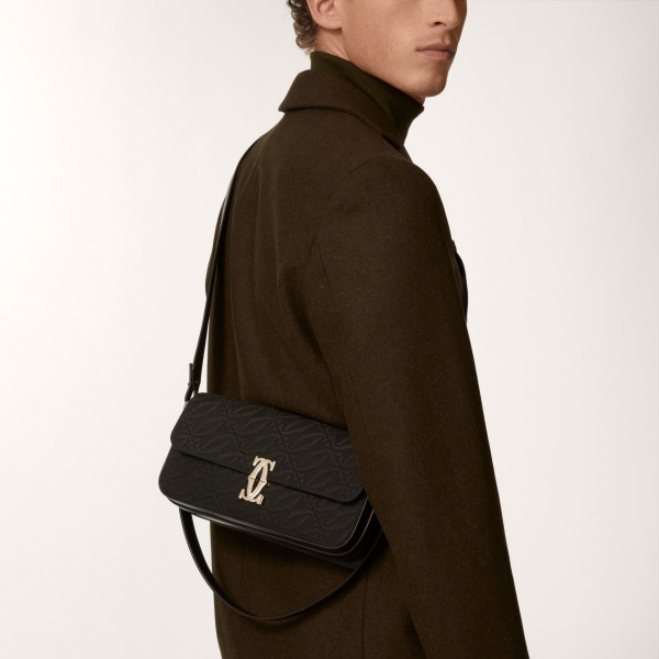 イーストウェストバッグ C ドゥ カルティエ  刺繍入り、ブラック カーフスキン、ゴールドフィニッシュ