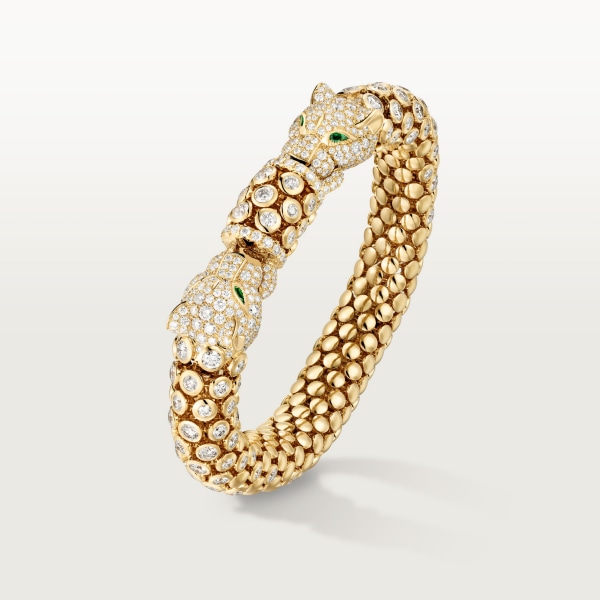 パンテール ドゥ カルティエ ブレスレット、パヴェ イエローゴールド、オニキス、エメラルド、ダイヤモンド