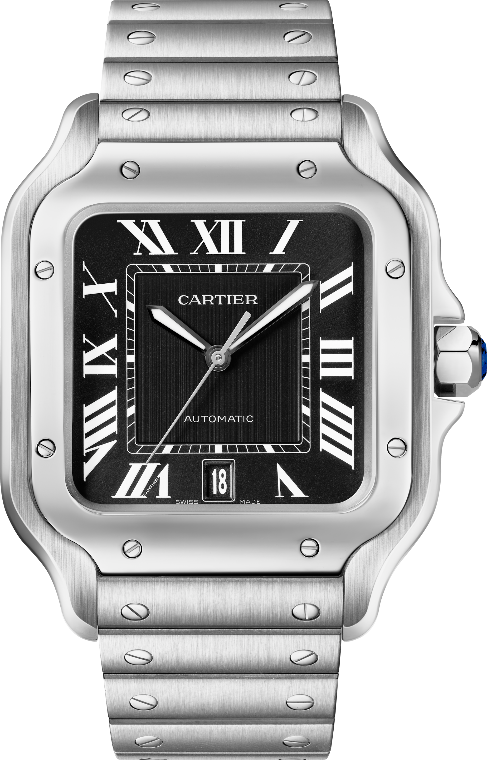 サントス ドゥ カルティエ ウォッチラージモデル、自動巻きムーブメント、ステンレススティール、交換可能なメタルとレザーのストラップ