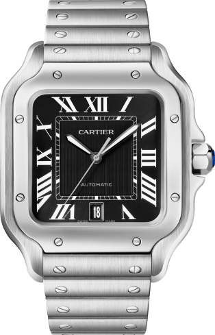 サントス ドゥ カルティエ ウォッチ ラージモデル、自動巻きムーブメント、ステンレススティール、交換可能なメタルとレザーのストラップ