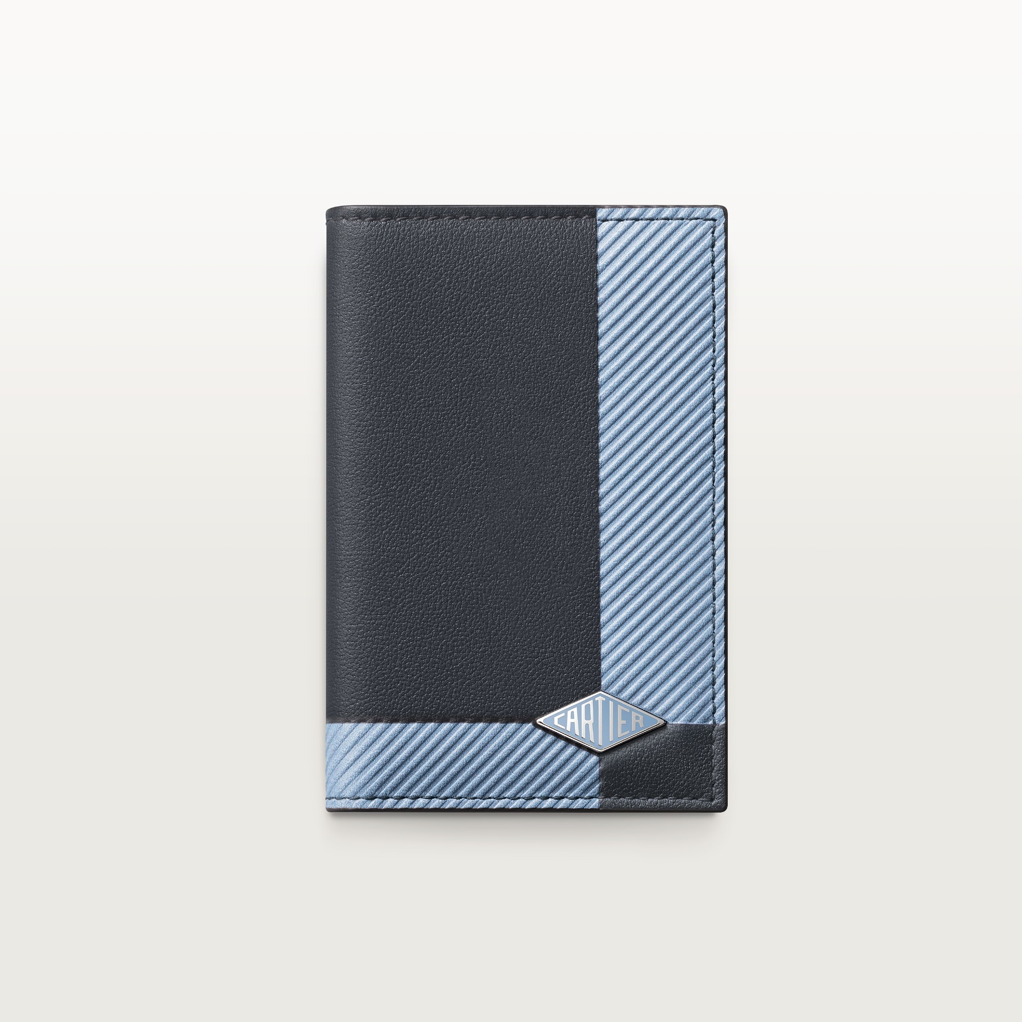 カード ホルダー 
ロザンジュ　スレートグレー＆スカイブルー デボス加工カーフスキン、ゴドロンモチーフ、スカイブルー エナメル＆パラジウムフィニッシュ