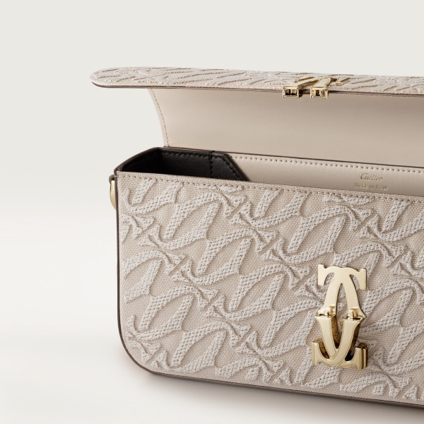 C ドゥ カルティエ イーストウエストバッグ 刺繍入り、ベージュ カーフスキン、ゴールドフィニッシュ