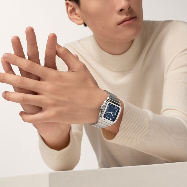 サントス ドゥ カルティエ ウォッチ LM、自動巻きムーブメント、スティール、交換可能なメタルとレザーのブレスレット