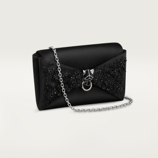 ポーチ パンテール グラフィック ブラックサテン、ブラックビーズ エンブロイダリー、パラジウムフィニッシュ