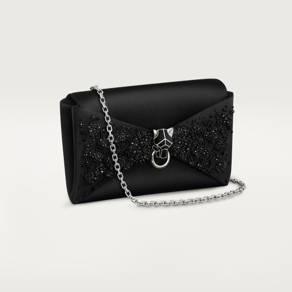 ポーチ パンテール グラフィック ブラックサテン、ブラックビーズ エンブロイダリー、パラジウムフィニッシュ