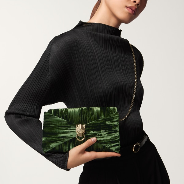 ポーチ パンテール グラフィック グリーン プリーツベルベット、ゴールドフィニッシュ