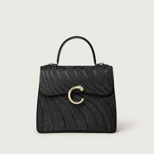 パンテール C スモール バッグ  ウール クロウ エンブロイダリー、ブラック グレインド カーフレザー、ゴールドフィニッシュ