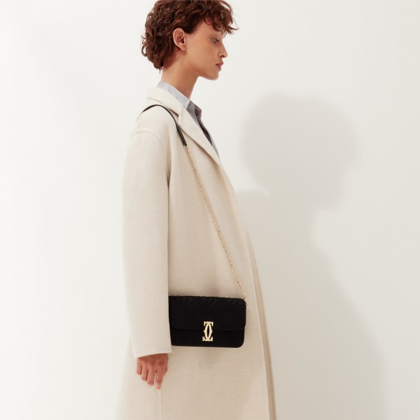 ミニ バッグ C ドゥ カルティエ  刺繍入り、ブラック カーフスキン、ゴールドフィニッシュ