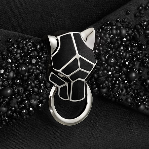 ポーチ パンテール グラフィック ブラックサテン、ブラックビーズ エンブロイダリー、パラジウムフィニッシュ