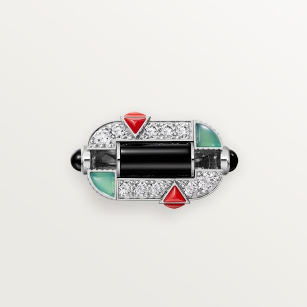 ジオメトリー＆コントラスト リング、クリソプレーズ、パヴェ ホワイトゴールド、クリソプレーズ、オニキス、コーラル、ダイヤモンド