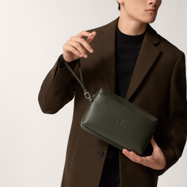 ポーチ マスト  カーキ カーフスキン、パラジウムフィニッシュ