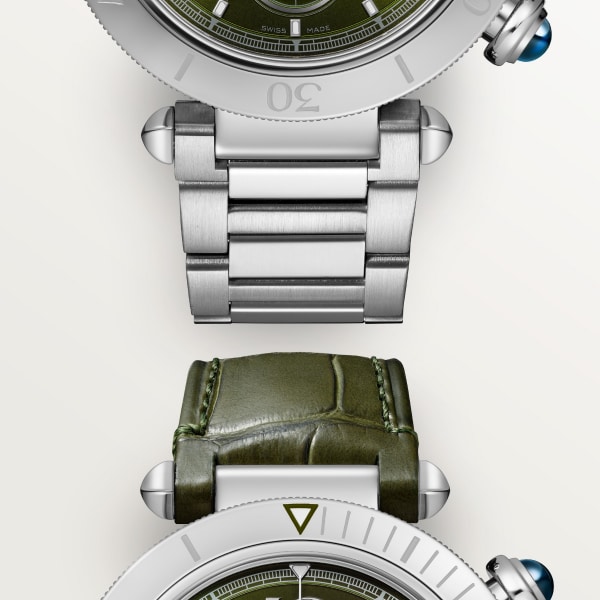 パシャ ドゥ カルティエ ウォッチ 41mm、クロノグラフ、自動巻き、スティール、（交換可能）メタルとレザーのストラップ