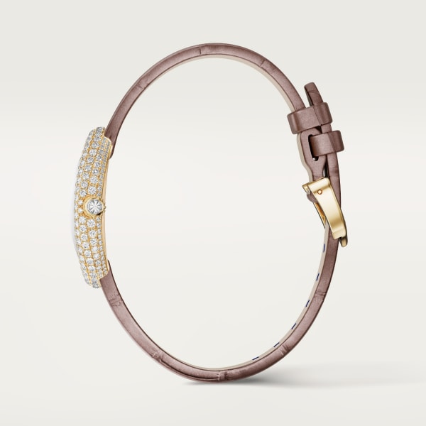 ベニュワール ウォッチ スモールモデル、クォーツムーブメント、イエローゴールド、マザーオブパール、ダイヤモンド、レザー