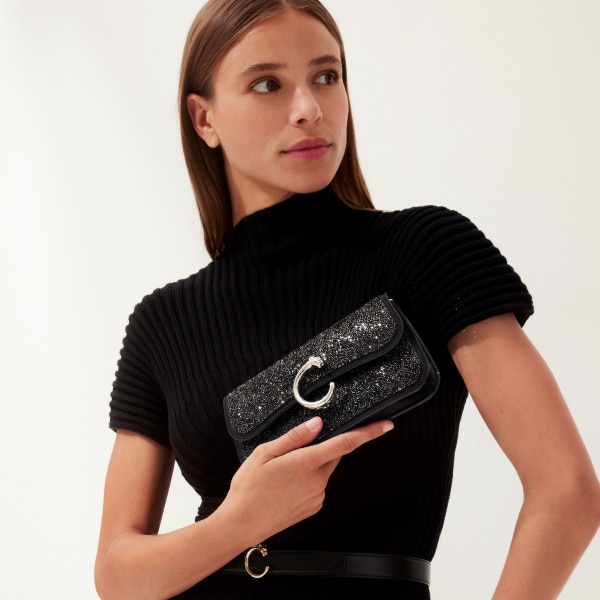 ミニ バッグ パンテール C  ブラック ガラスビーズ、ファブリック、ゴールドフィニッシュ、ブラック エナメル