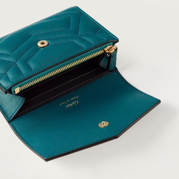 パンテール ドゥ カルティエ ミニ ウォレット ペトロールブルー キルティング カーフスキン、ゴールドフィニッシュ