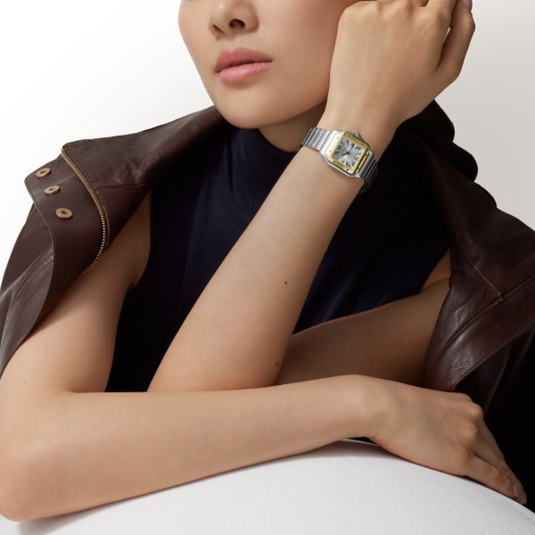 サントス ドゥ カルティエ ウォッチ スモールモデル、クォーツムーブメント、イエローゴールド＆ステンレススティール、交換可能なメタルとレザーのストラップ