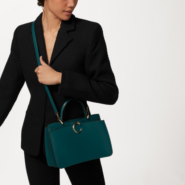 スモールモデル ハンドルバッグ、パンテール ドゥ カルティエ ペトロールブルー カーフスキン、ゴールドフィニッシュ