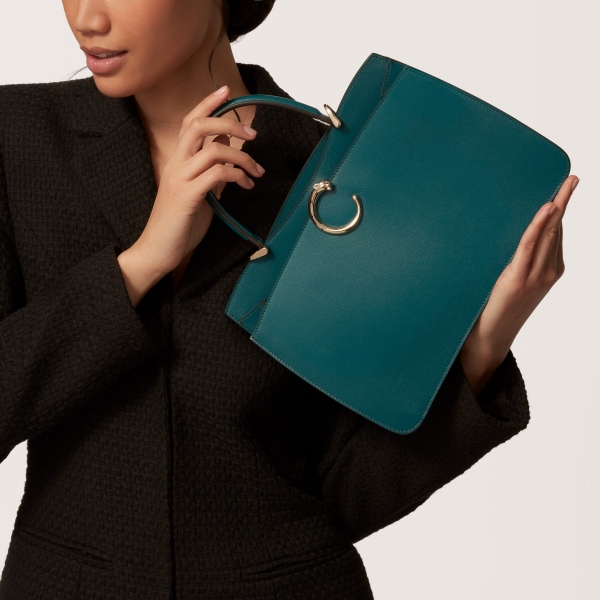 スモールモデル ハンドルバッグ、パンテール ドゥ カルティエ ペトロールブルー カーフスキン、ゴールドフィニッシュ