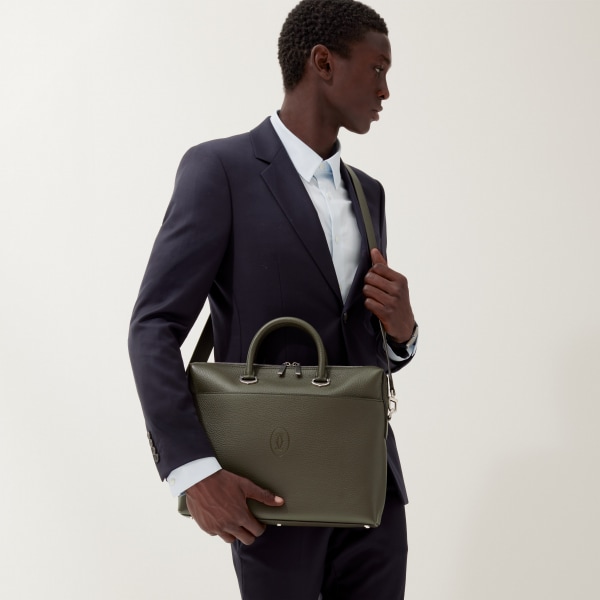 スモール ブリーフケース マスト  カーキ カーフスキン、パラジウムフィニッシュ