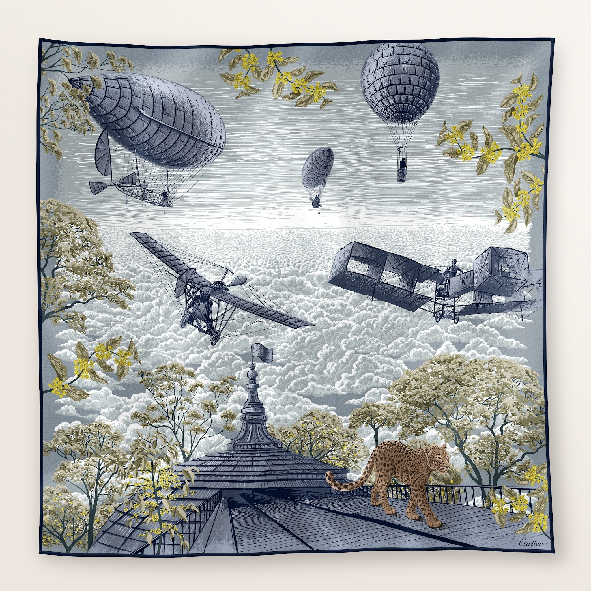 サントス エアロノート ダブルサイド スカーフ 90グレー＆コスモスカラー シルクツイル