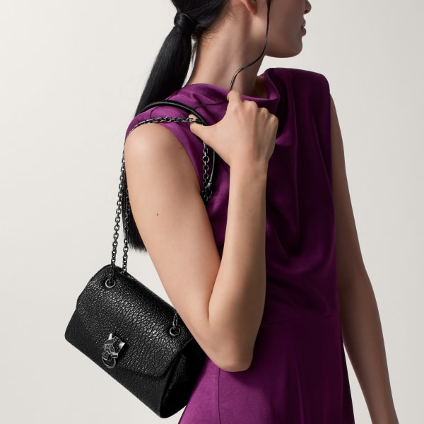 ミニ バッグ パンテール グラフィック  シャイニーブラック クリンクルエフェクト カーフスキン、ルテニウムフィニッシュ