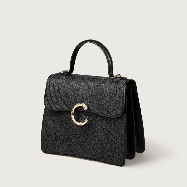 パンテール C スモール バッグ  ウール クロウ エンブロイダリー、ブラック グレインド カーフレザー、ゴールドフィニッシュ