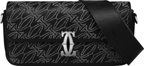 C ドゥ カルティエ イーストウエストバッグ ウール エンブロイダリー、ドゥーブルC モチーフ、ブラック テクスチャード カーフレザー、パラジウムフィニッシュ